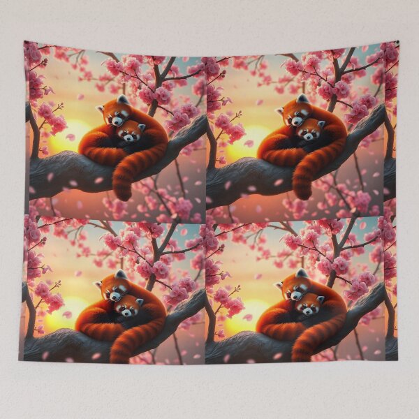 Item preview, Two cute red pandas curling in love on a pink blossoming sakura tree branch designed and sold by EmeraldeaArt.