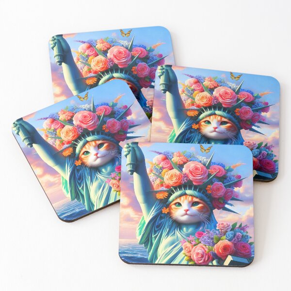 Item preview, Feline Statue of Liberty USA kitty sculpture in bloom cute cat-America lover digitalart designed and sold by EmeraldeaArt.