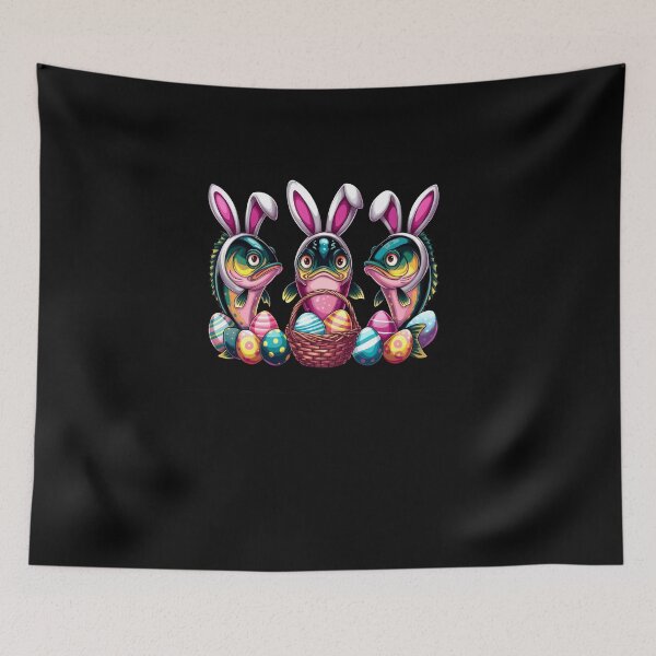 Item preview, Three Easter Bunny Bass Fishes Hunting Eggs Basket Colorful designed and sold by diyoor.