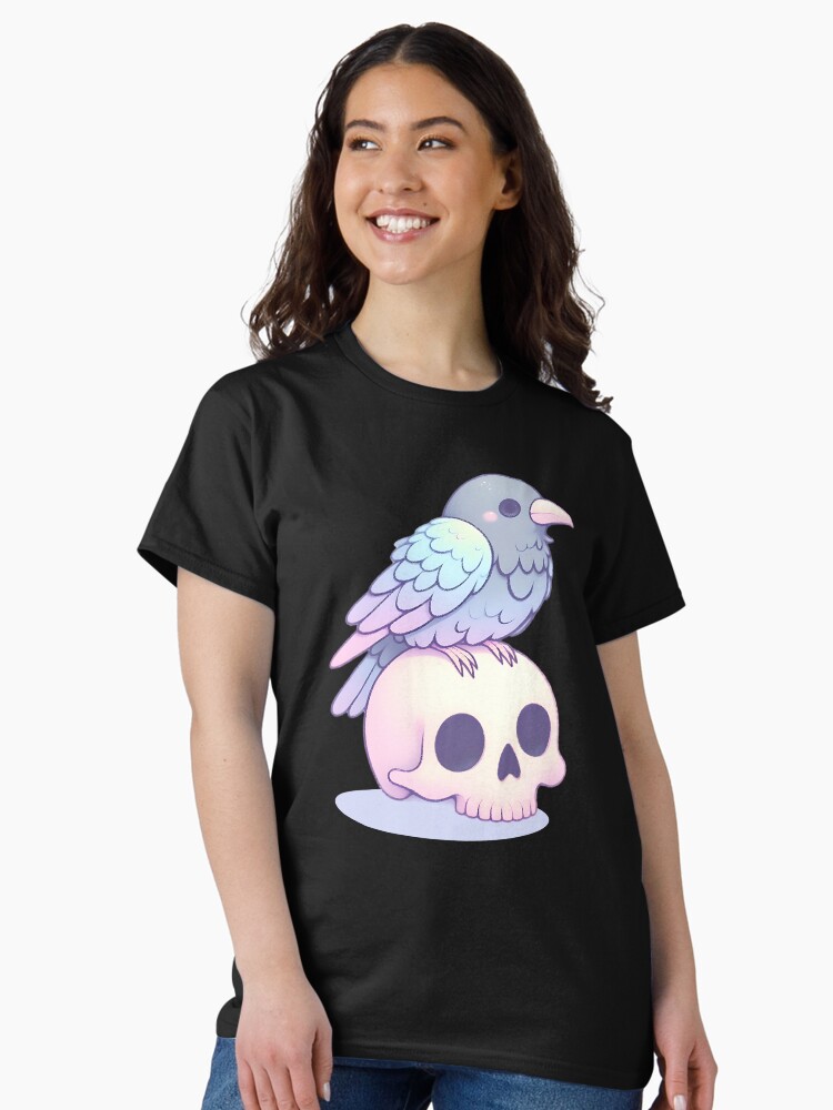 Thumbnail 2 of 7, Classic T-Shirt, Pastel Cute Crow on a Skull - Spooky & Adorable Aesthetic designed and sold by Kawaii-n-Spice.