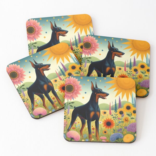 Item preview, Floral dobermann cute dog portrait illustration on summer meadow designed and sold by EmeraldeaArt.
