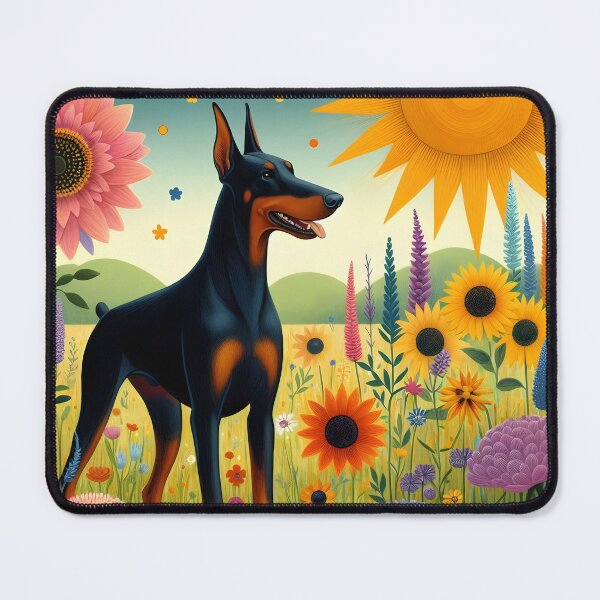 Item preview, Floral dobermann cute dog portrait illustration on summer meadow designed and sold by EmeraldeaArt.