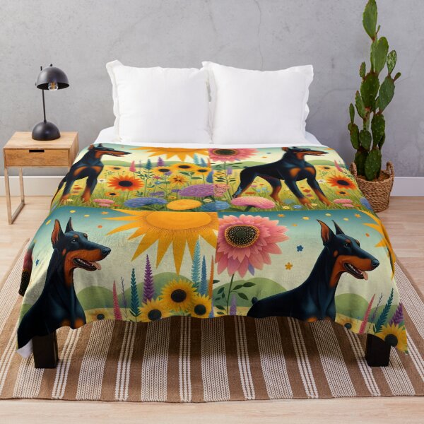 Item preview, Floral dobermann cute dog portrait illustration on summer meadow designed and sold by EmeraldeaArt.