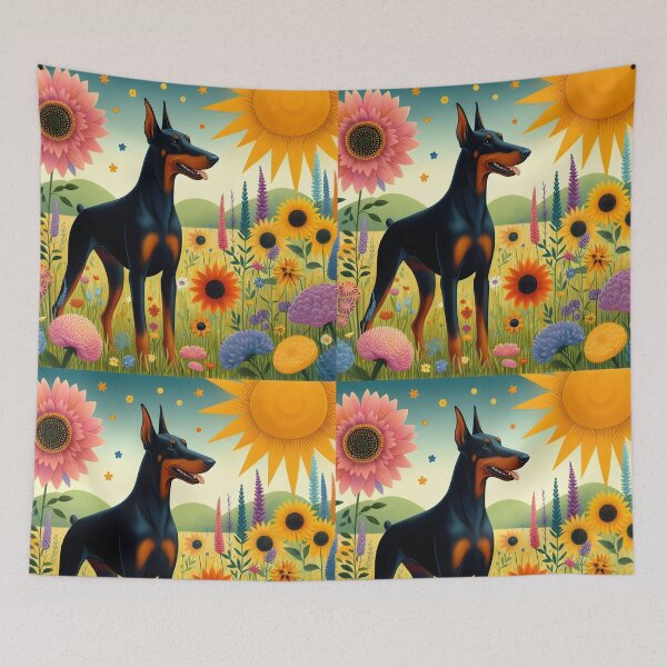 Item preview, Floral dobermann cute dog portrait illustration on summer meadow designed and sold by EmeraldeaArt.