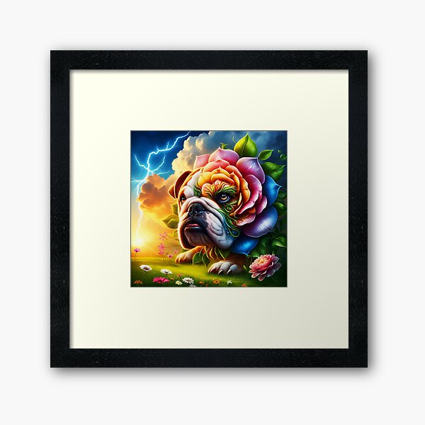 Item preview, Floral bulldog surreal dog and flower mix illustration on a stormy summer meadow with thunder and clouds designed and sold by EmeraldeaArt.