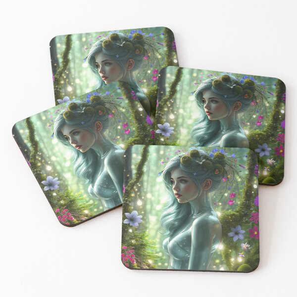 Item preview, Female She Nature Robot long silky silver hair on a mossy colorful blooming fantasy forest digitalart designed and sold by EmeraldeaArt.