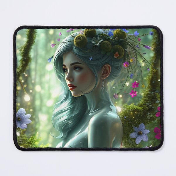 Item preview, Female She Nature Robot long silky silver hair on a mossy colorful blooming fantasy forest digitalart designed and sold by EmeraldeaArt.