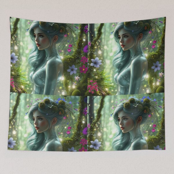 Item preview, Female She Nature Robot long silky silver hair on a mossy colorful blooming fantasy forest digitalart designed and sold by EmeraldeaArt.