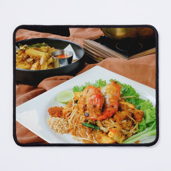 Item preview, A close-up shot of a plate of Pad Thai with two large prawns, served on a white square plate with lettuce, lime, and crushed peanuts designed and sold by BARTISTA DESIGN.