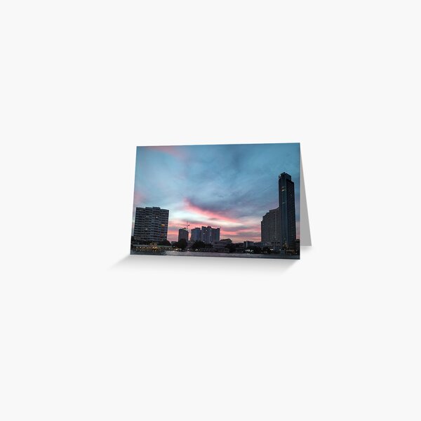 Item preview, A scenic view of the Chao Phraya River in Bangkok at dusk, with several buildings silhouetted against a colorful sky.  designed and sold by BARTISTA DESIGN.