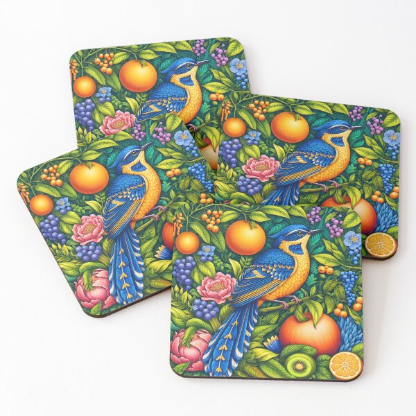 Item preview, Blue-yellow bird  among fruits and flowers and luch foliage intrate bird art designed and sold by EmeraldeaArt.