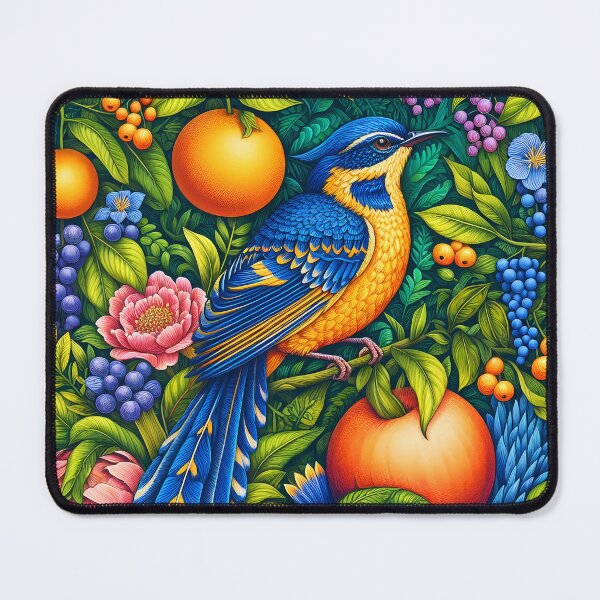 Item preview, Blue-yellow bird among fruits and flowers and luch foliage intrate bird art designed and sold by EmeraldeaArt.
