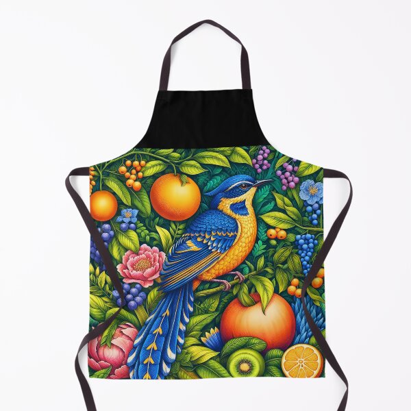 Item preview, Blue-yellow bird  among fruits and flowers and luch foliage intrate bird art designed and sold by EmeraldeaArt.