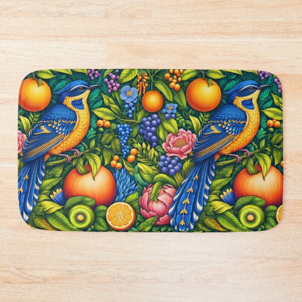 Item preview, Blue-yellow bird  among fruits and flowers and luch foliage intrate bird art designed and sold by EmeraldeaArt.
