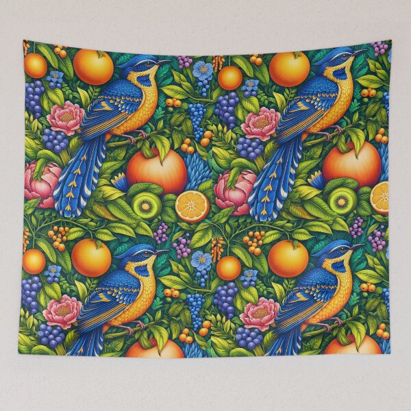 Item preview, Blue-yellow bird  among fruits and flowers and luch foliage intrate bird art designed and sold by EmeraldeaArt.