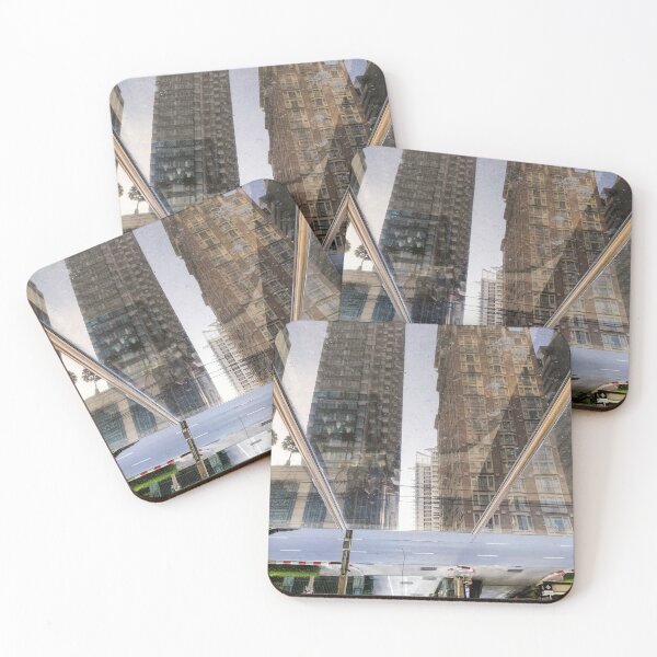 Item preview, A unique perspective shot reflecting two tall buildings on a reflective surface, possibly glass or metal. designed and sold by BARTISTA DESIGN.