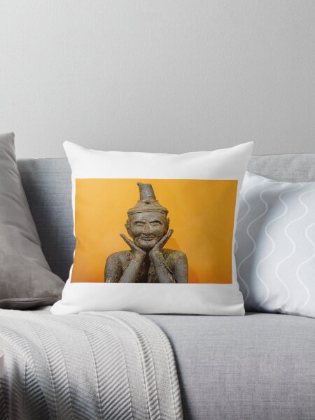 Item preview, A frontal shot of a weathered, wooden sculpture of a man with a pointed hat, set against a solid orange background designed and sold by BARTISTA DESIGN.