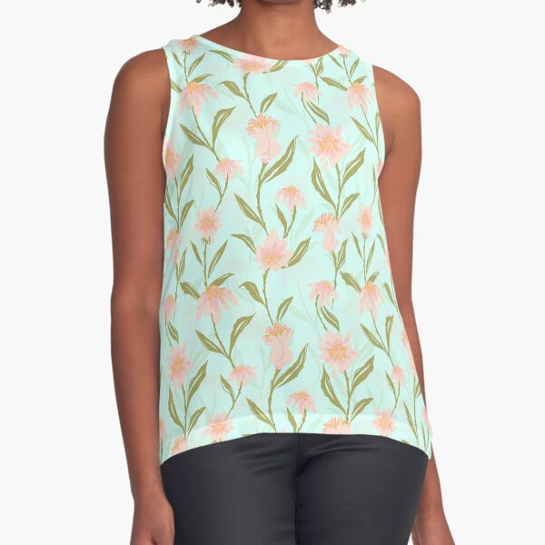 Item preview, Whispering Pink Stems - Gentle Bloom Pattern on Pale Aqua Fabric Design designed and sold by Nouveaupattern.