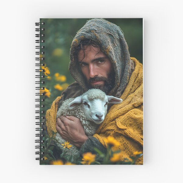 Item preview, Man in cloak gently holding a lamb among yellow flowers. designed and sold by Artessie.