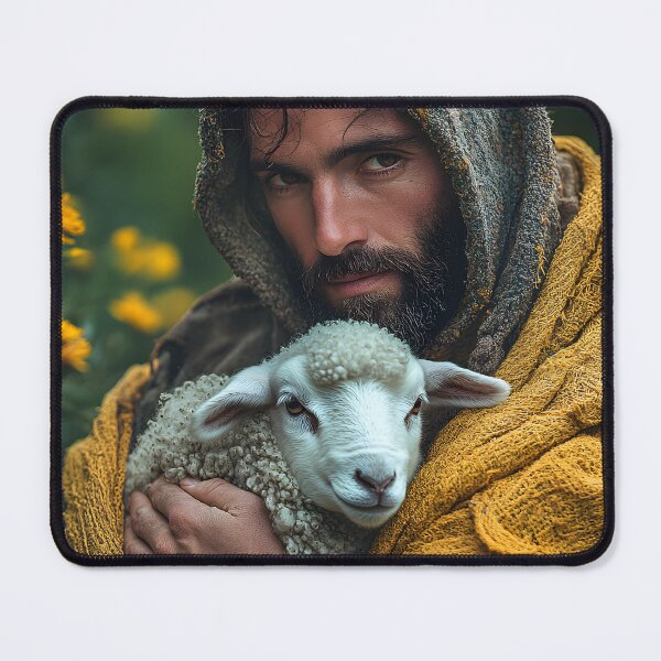 Item preview, Man in cloak gently holding a lamb among yellow flowers. designed and sold by Artessie.
