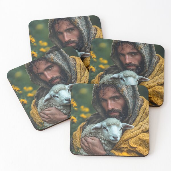 Item preview, Man in cloak gently holding a lamb among yellow flowers. designed and sold by Artessie.