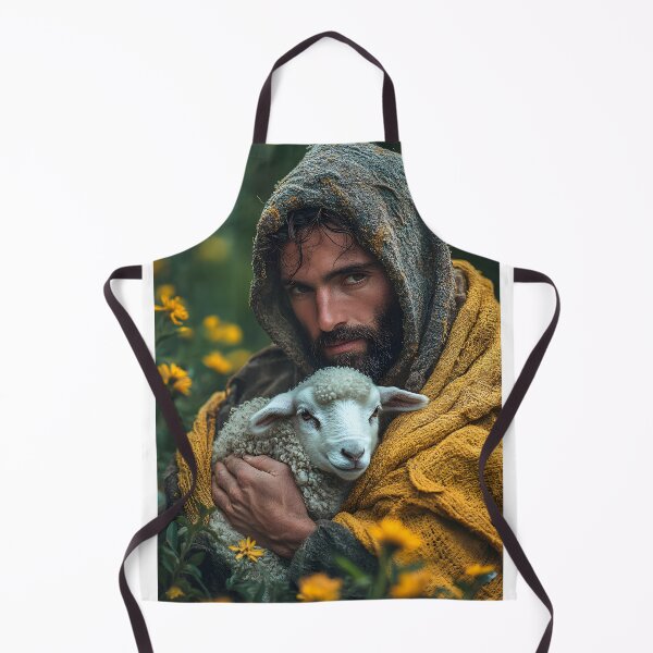 Item preview, Man in cloak gently holding a lamb among yellow flowers. designed and sold by Artessie.