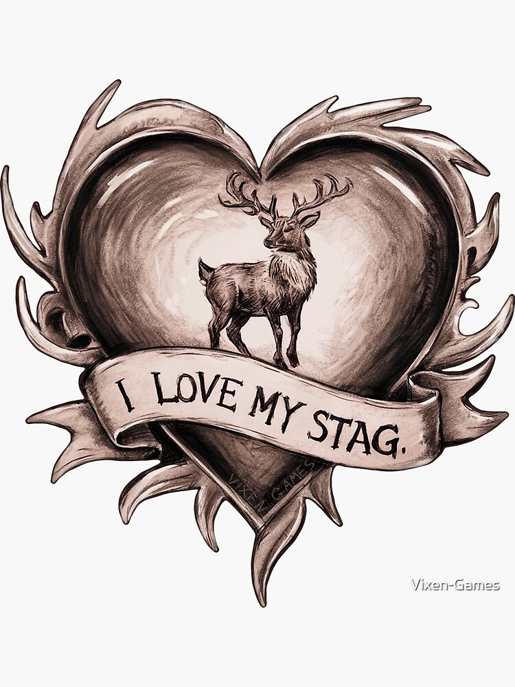 Thumbnail 3 of 3, Sticker, I Love My Stag Pencil and wash design for the loving Vixen Hotwife designed and sold by Vixen-Games.