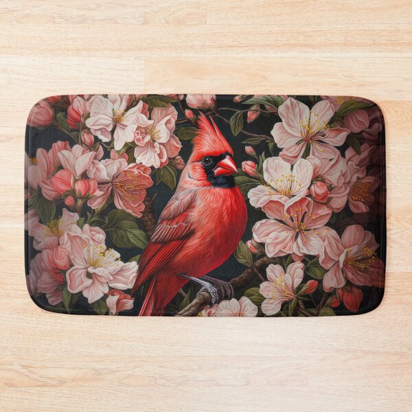 Item preview, Cardinal Bird with Spring Blossoms on Black Background, Nature Art Print designed and sold by MargaretWiktor.