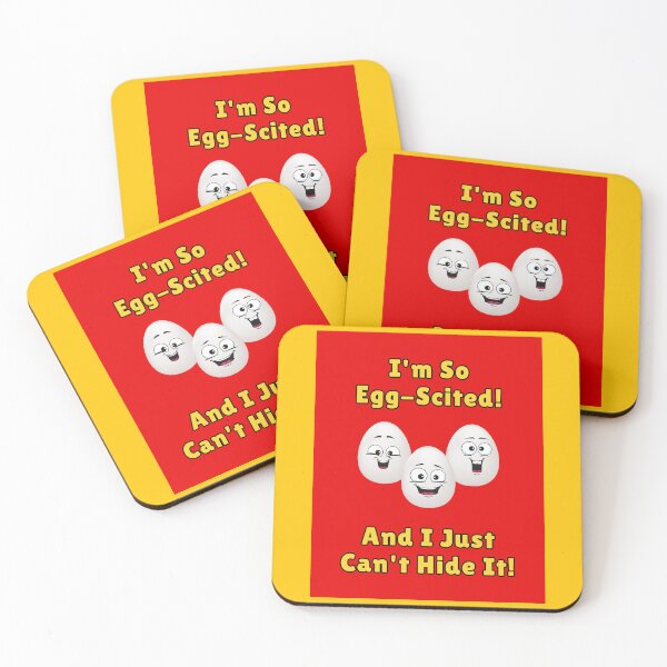 Item preview, I'm So Egg-Scited And I Just Can't Hide It! 3 Eggs, Yellow Font, Red Background  designed and sold by AASparksDesigns.