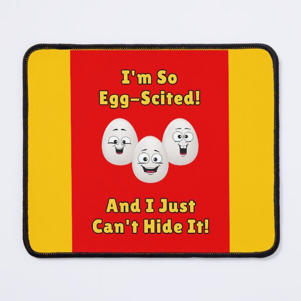 Item preview, I'm So Egg-Scited And I Just Can't Hide It! 3 Eggs, Yellow Font, Red Background designed and sold by AASparksDesigns.