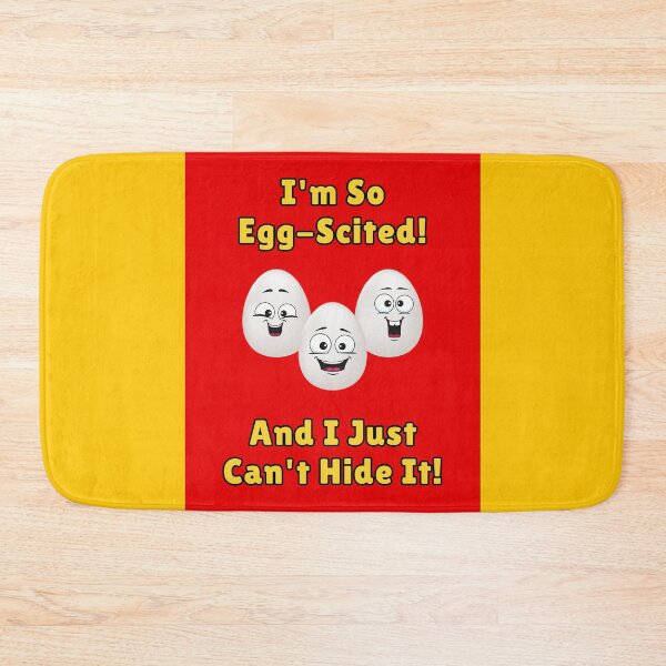 Item preview, I'm So Egg-Scited And I Just Can't Hide It! 3 Eggs, Yellow Font, Red Background  designed and sold by AASparksDesigns.