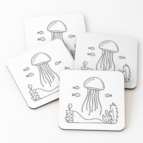 Item preview, A jellyfish drifting near a coral reef, with small fish swimming around it designed and sold by rasagamastore.