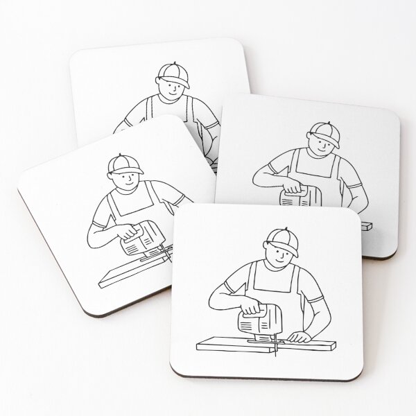 Item preview, A carpenter guiding a jigsaw blade through a piece of wood while a ruler rests on the table designed and sold by rasagamastore.