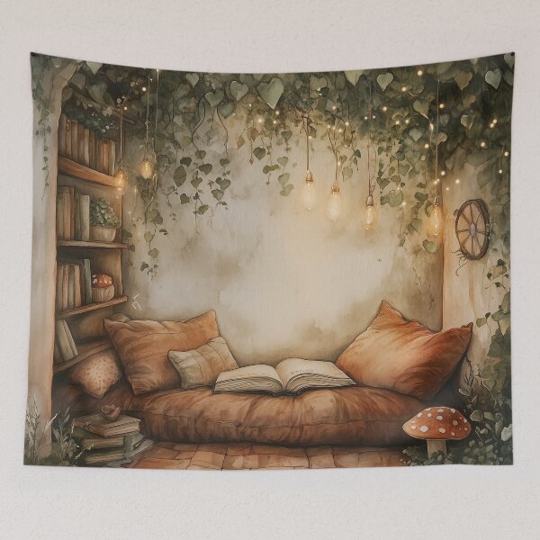 Item preview, Cozy Reading Nook with Mushroom Pillows designed and sold by SporeandCanvas.