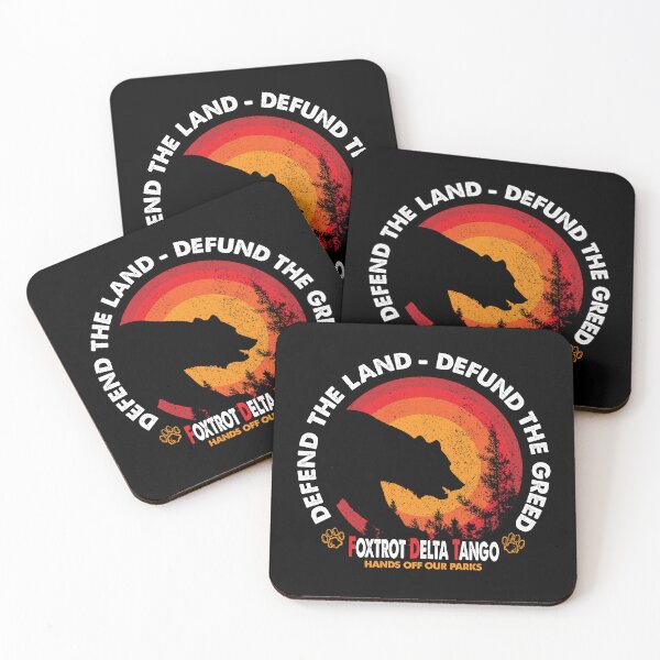 Item preview, Defend the Land - Defund the Greed | Foxtrot Delta Tango - Hands Off Our Parks | Vintage Sunset Bear & Forest Silhouette Grunge Graphic designed and sold by Prints-N-Tees.