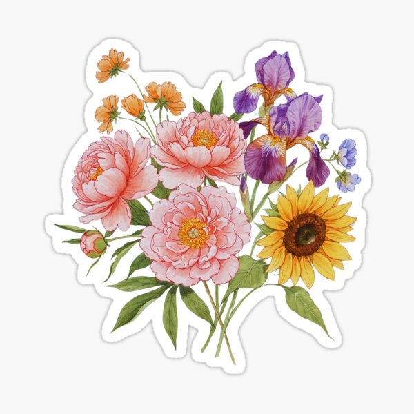 Aperçu de l'œuvre Bouquet de fleurs vintage, tournesols et pivoines créée et vendue par paintedruins.