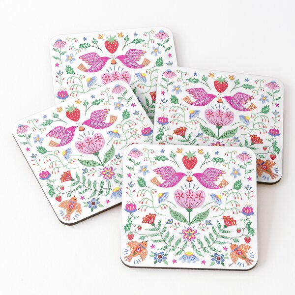Item preview, Strawberry Birds Pattern Colorful Scandinavian Spring Folk Art with Flowers designed and sold by Natasha May Design.
