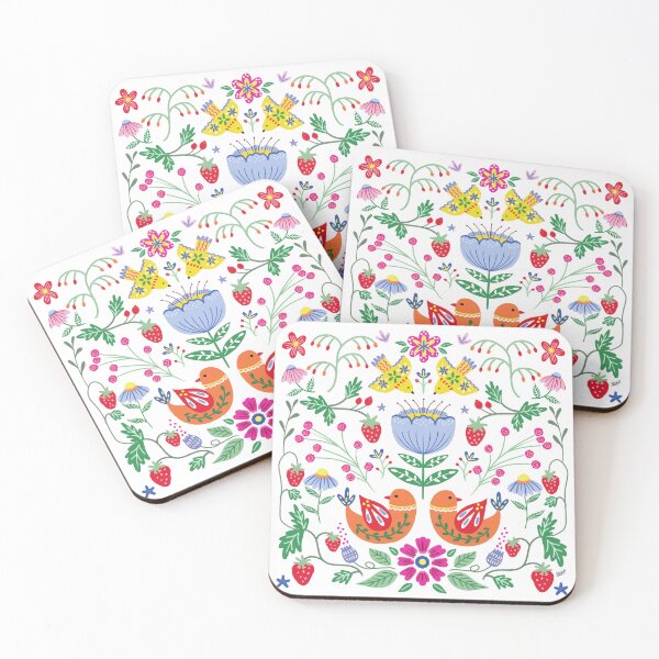 Item preview, Strawberry and Birds Pattern Colorful Scandinavian Spring Folk Art with Flowers 2 designed and sold by Natasha May Design.