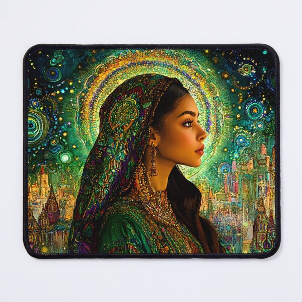 Item preview, Vibrant woman in cosmic city with intricate patterns designed and sold by Artessie.