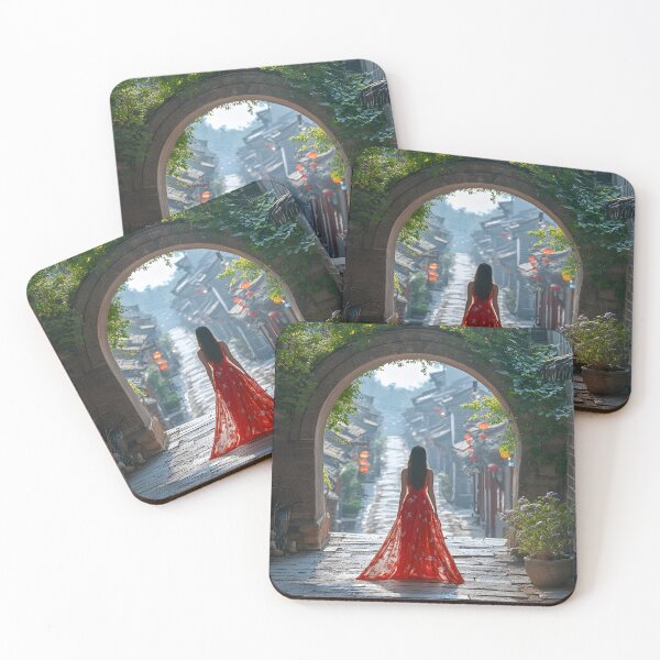 Item preview, Woman in red dress under an arch in ancient street designed and sold by Artessie.