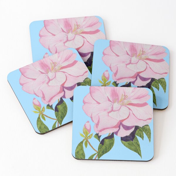 Item preview, Pink camellia with a blue background watercolour painting.  designed and sold by esvb.