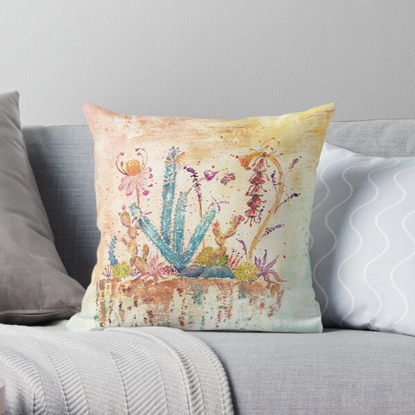 Blue Cactus and Landscape Watercolor Throw Pillow