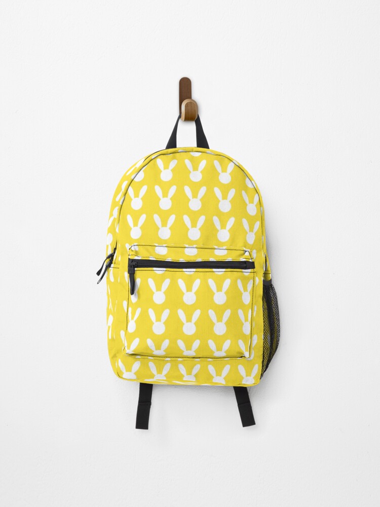 Thumbnail 1 of 3, Backpack, White Rabbit on Yellow Background Easter Pattern  designed and sold by FestivityFinds.