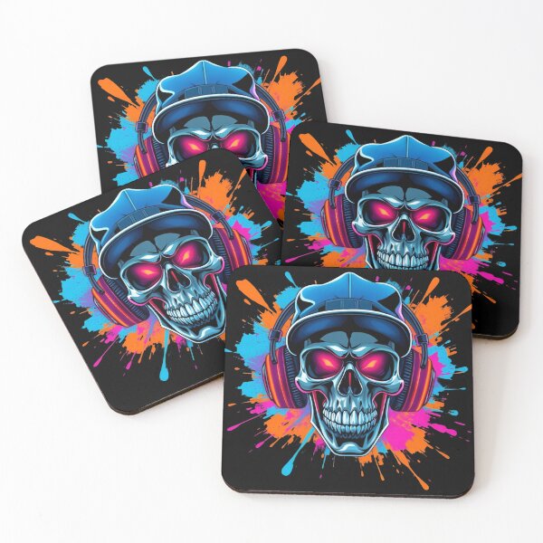 Item preview, skull wearing a hip-hop cap and large headphones, with an intense and energetic expression designed and sold by StudioNeon.