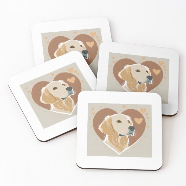 Item preview, serious face golden retriever dog with love hearts vintage art style designed and sold by planetgolden.