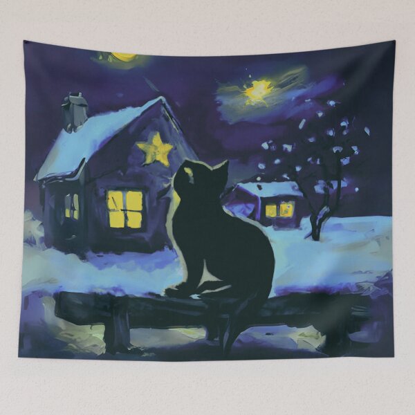 Item preview, A Cat in village of night with a full moon designed and sold by MerryCrown.