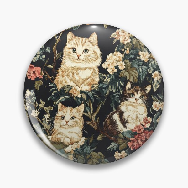Item preview, vintage floral cat print on dark background designed and sold by PoppyLaneStudio.