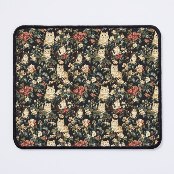 Item preview, vintage floral cat print on dark background designed and sold by PoppyLaneStudio.