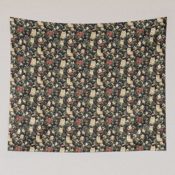 Item preview, vintage floral cat print on dark background designed and sold by PoppyLaneStudio.