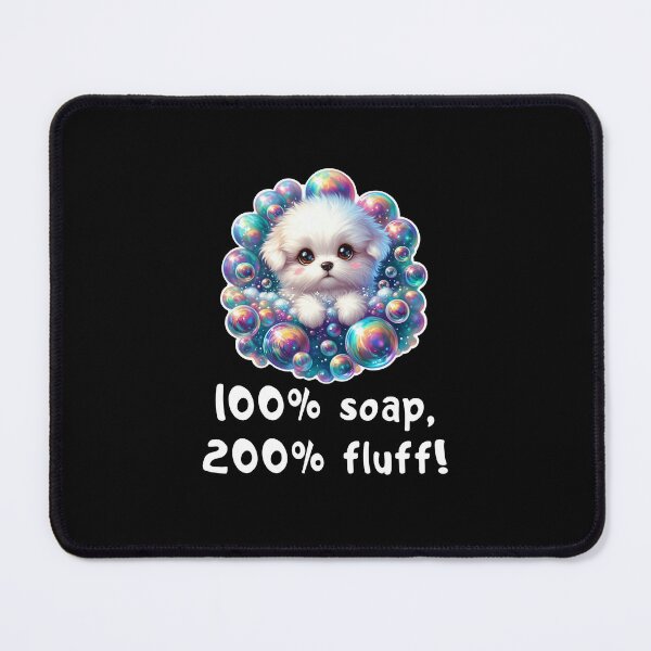 Item preview, "100% soap, 200% fluff!" Adorable fluffy puppy surrounded by magical rainbow bubbles! designed and sold by All-Of-Art.